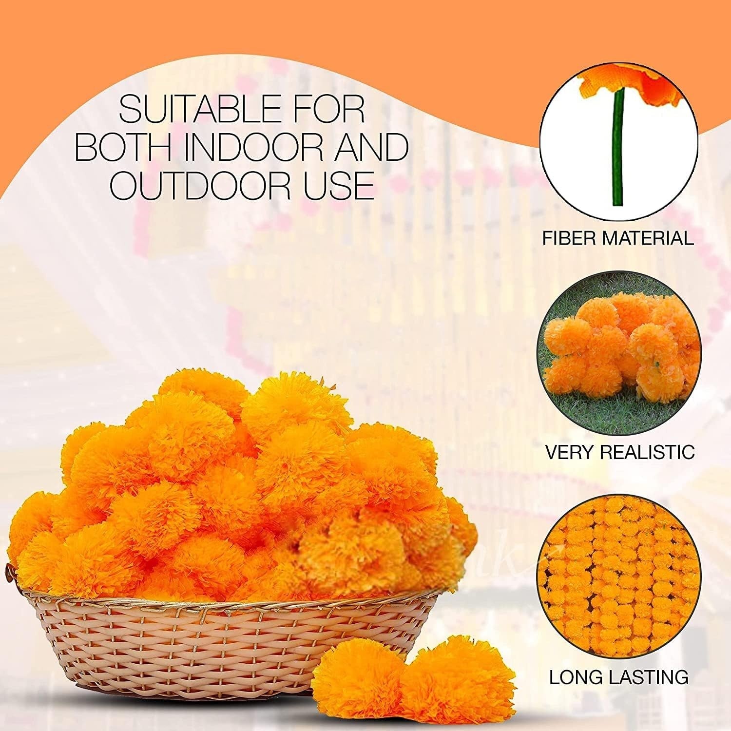GoHooked Set of 8 orange marigold flower garlands, 4.5ft each, made of fiber for realistic and long-lasting decoration.