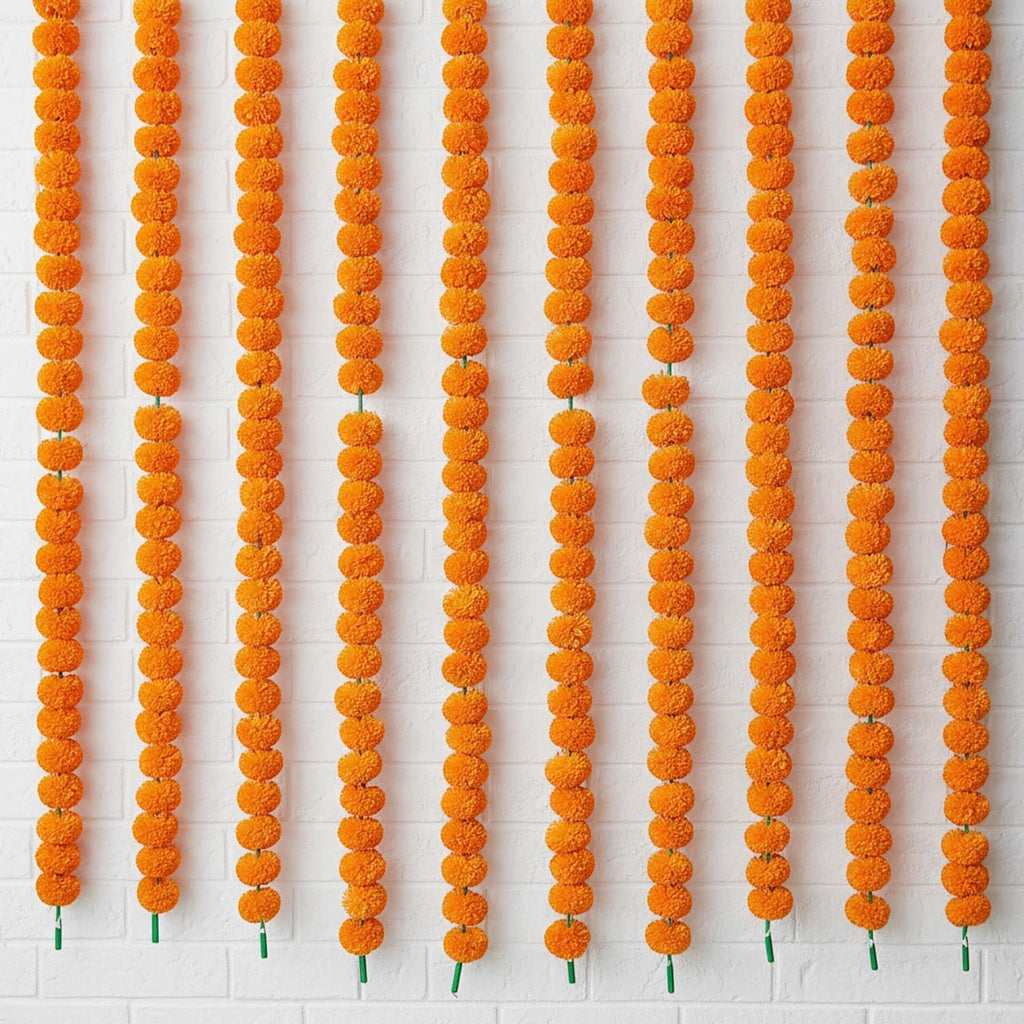 GoHooked set of 10 orange marigold flower garlands, 4.5 ft each, made of fibre for festive decor.