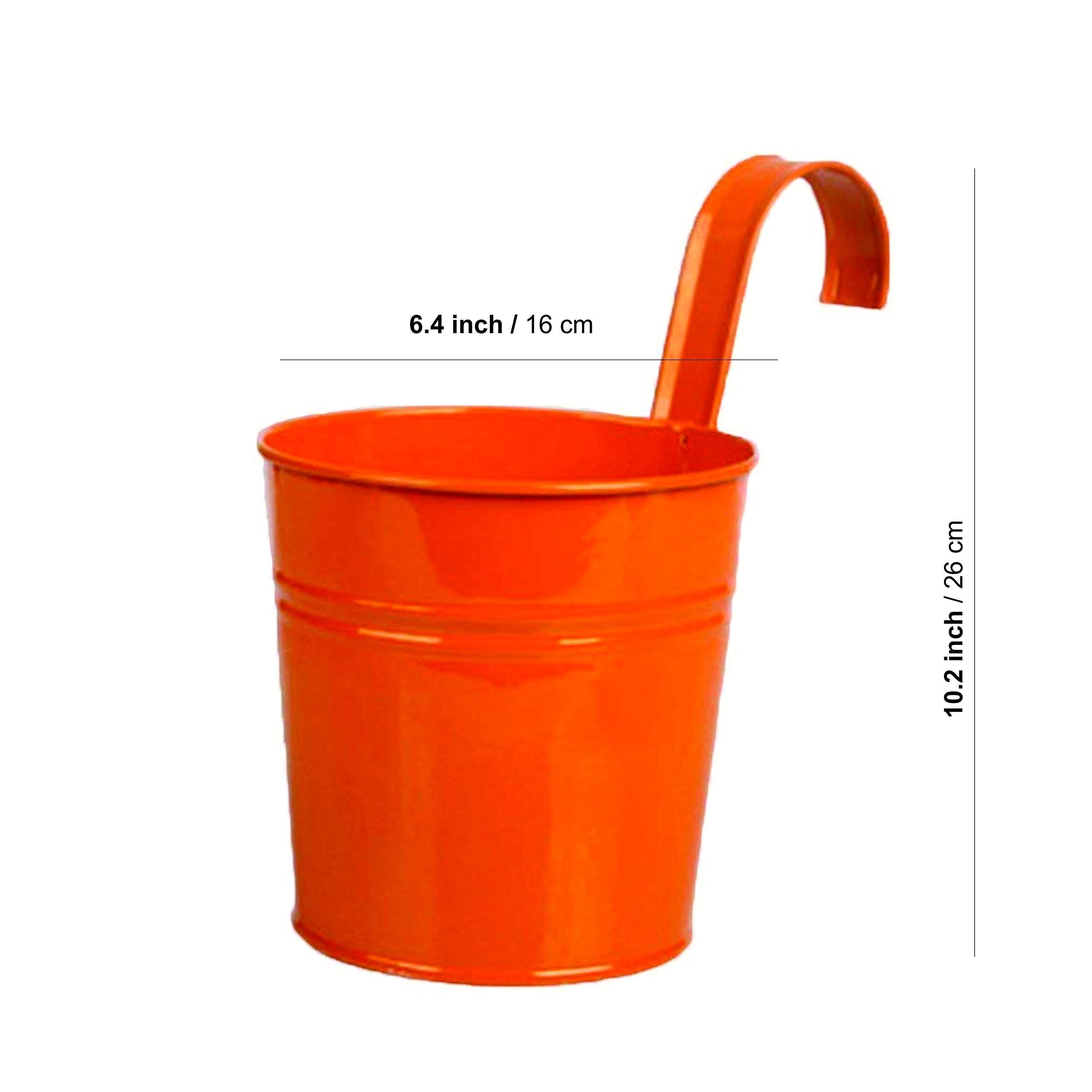 GoHooked orange metal hanging planter pot with a curved handle, perfect for balconies and railings.