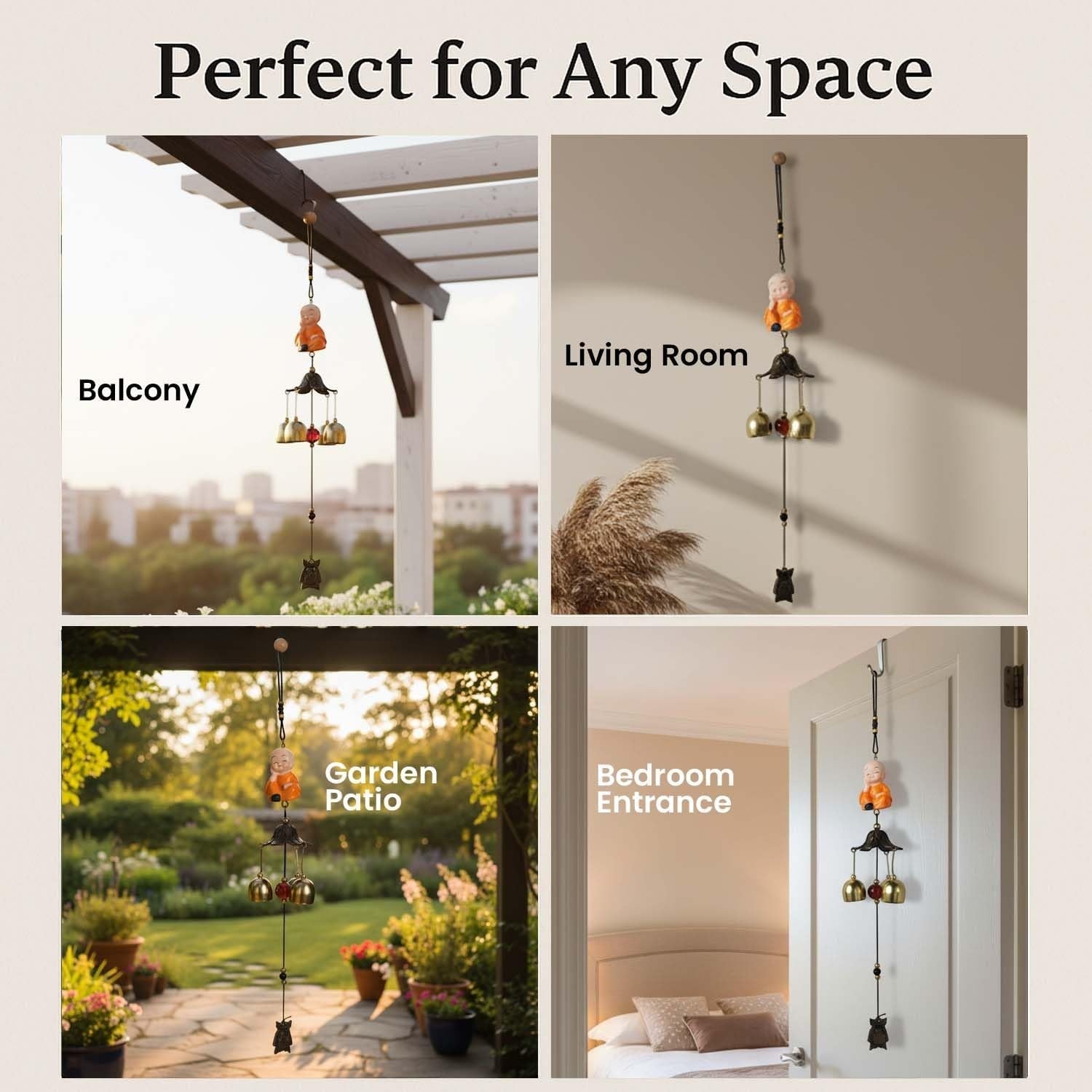 GoHooked orange monk figurine wind chime with 3 brass bells, metal, for positive energy and home decor.