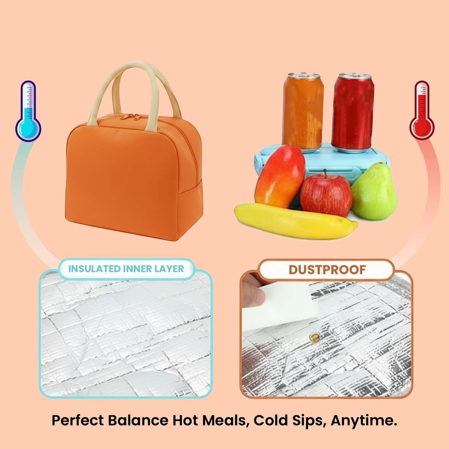 GoHooked orange Oxford cloth lunch bag with cream handles, insulated interior, and zipper closure. Features tiger face design.