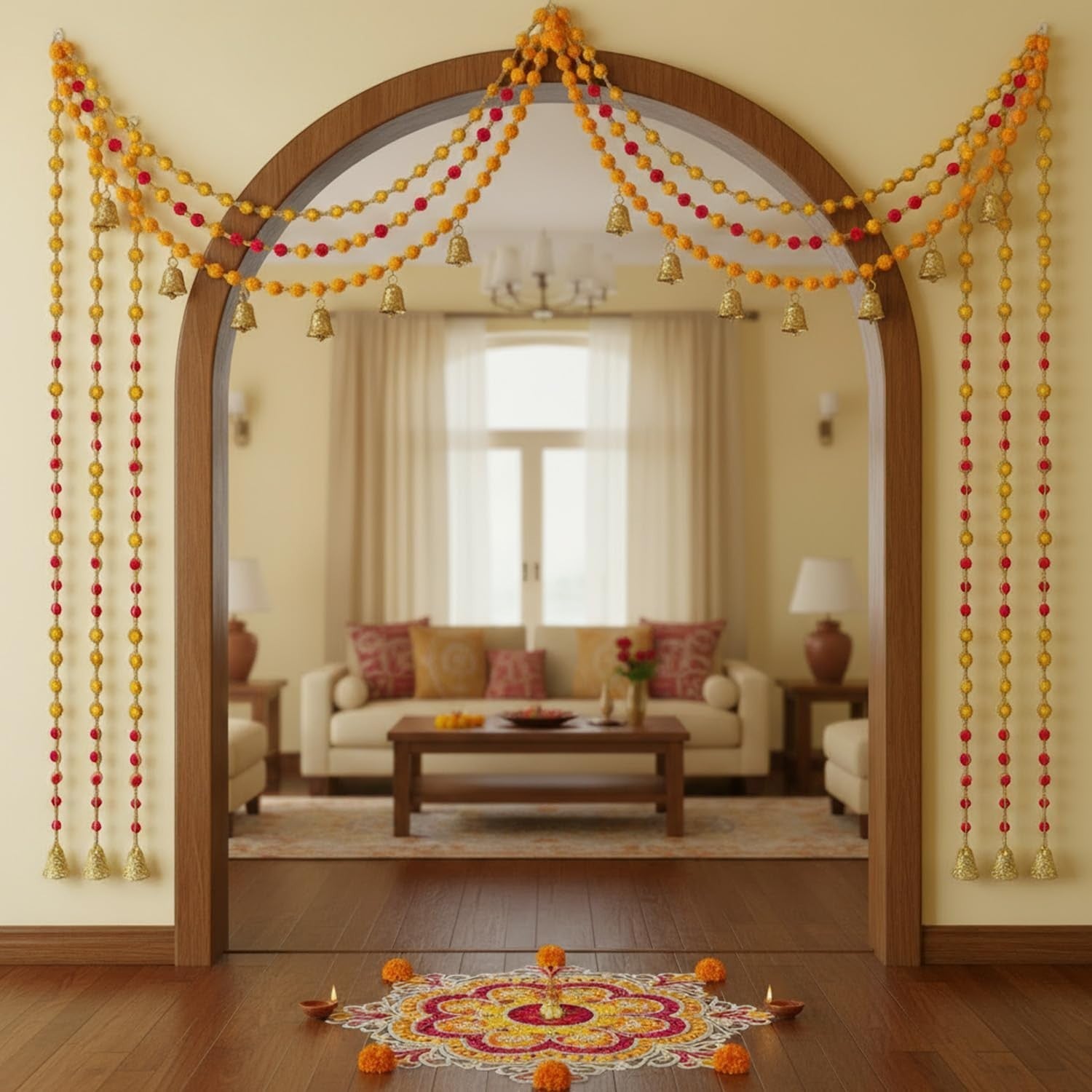 GoHooked Orange-Pink artificial marigold pom pom door hanging latkan with golden bells and beads, set of 4.