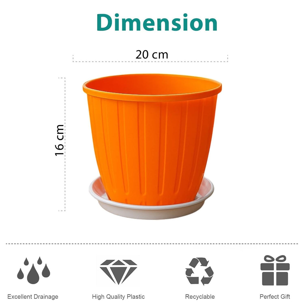 GoHooked orange 8-inch plastic flower pot with drainage tray, ideal for indoor/outdoor gardening.