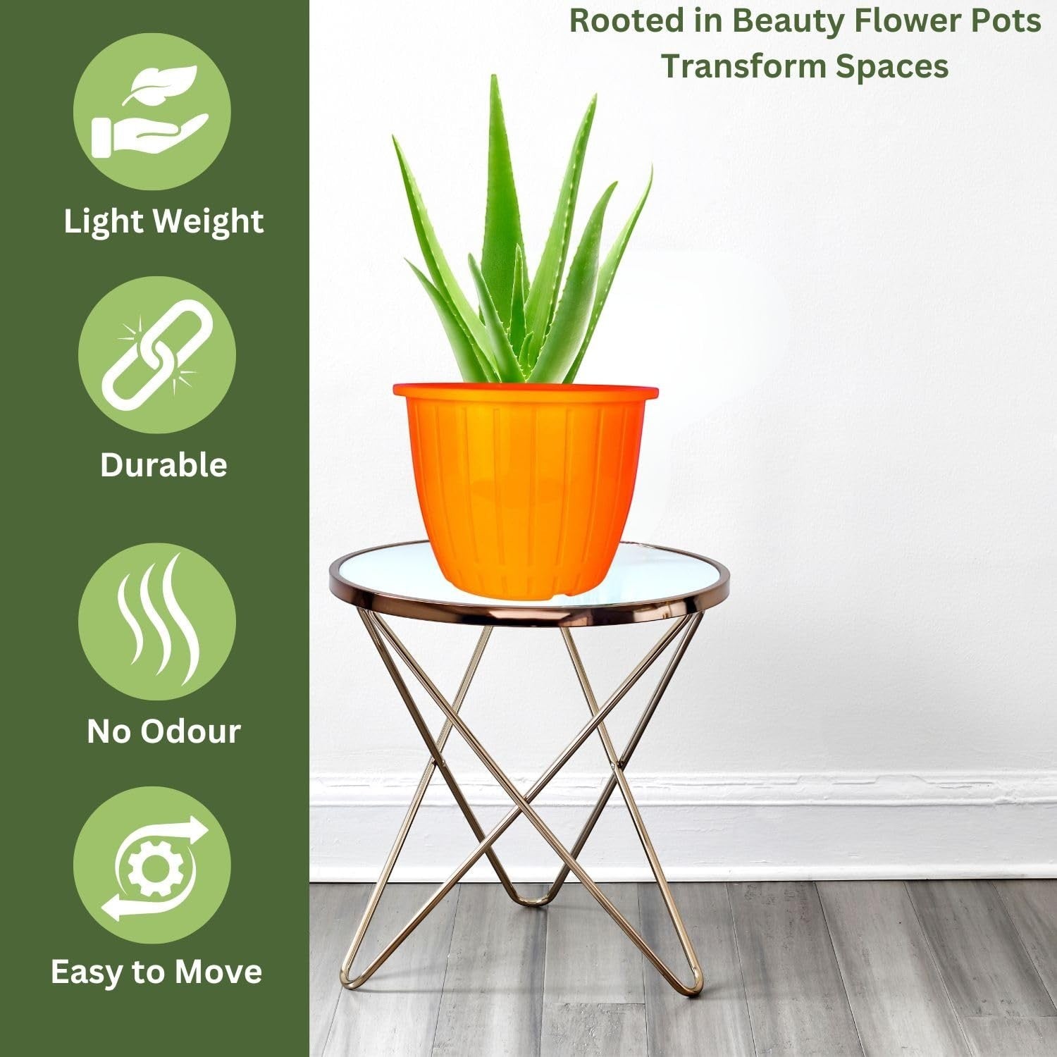 GoHooked orange plastic flower pot, 8 inch, with tray. Lightweight, durable, no odour, easy to move.