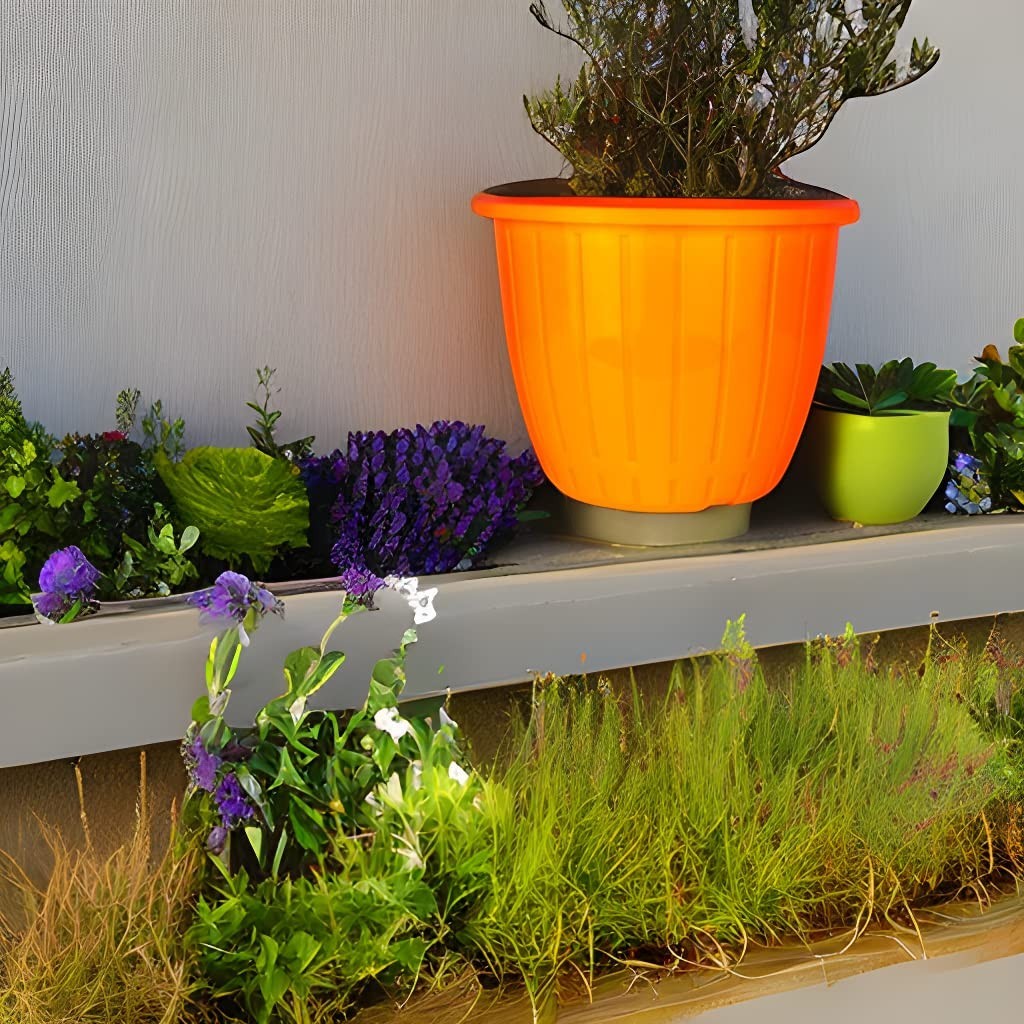 GoHooked orange 8-inch plastic flower pot with ribbed design and tray, ideal for indoor/outdoor gardening.