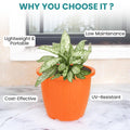 GoHooked 10-inch orange plastic Duro flower pot for gardening, indoor/outdoor use. Lightweight, UV-resistant, and cost-effective.