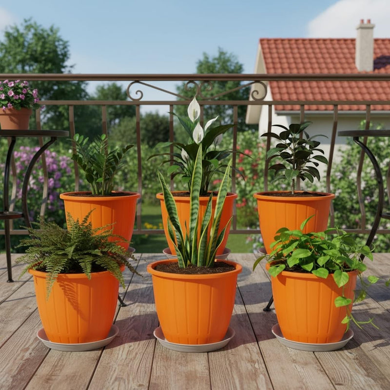 GoHooked 8-inch orange plastic flower pots with trays, set of 6, for indoor/outdoor gardening.