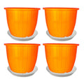 GoHooked 8-inch orange plastic flower pots with matching trays, set of 4. Durable, UV-stabilized polypropylene for indoor/outdoor gardening.