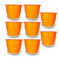 GoHooked 8-inch orange plastic flower pots with trays, pack of 8. Durable, UV-stabilized polypropylene for indoor/outdoor gardening.