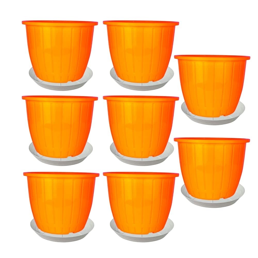 GoHooked 8-inch orange plastic flower pots with trays, pack of 8. Durable, UV-stabilized polypropylene for indoor/outdoor gardening.