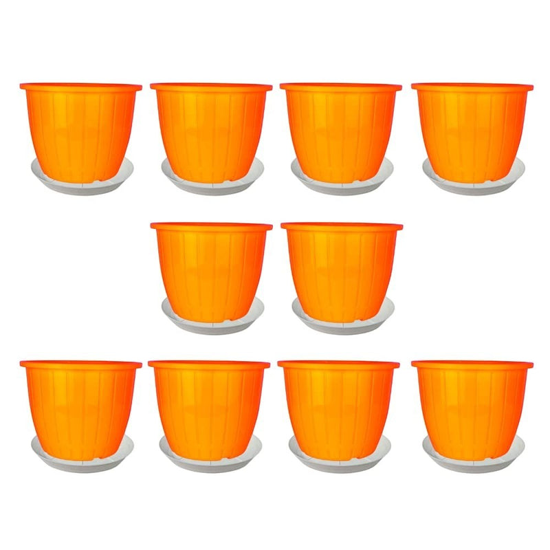 GoHooked 8 inch orange plastic flower pots with trays, pack of 10. Durable, UV-stabilized polypropylene planters for indoor/outdoor gardening.