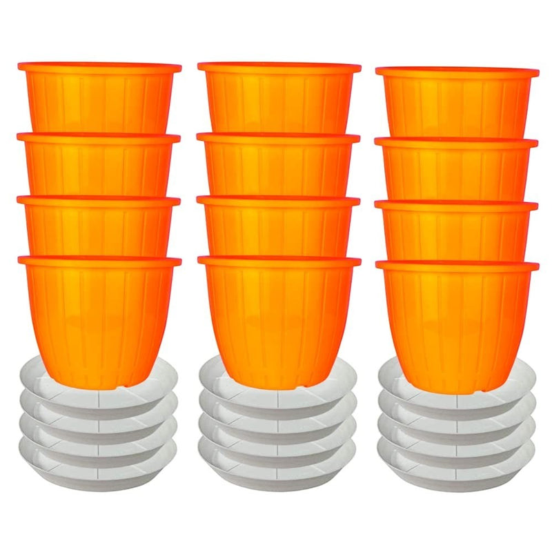 GoHooked 12-pack of 8-inch orange plastic flower pots with matching white trays. Durable, UV-stabilized polypropylene planters.