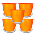 GoHooked 5 orange plastic flower pots with trays, 8-inch diameter, durable and UV-stabilized for indoor/outdoor gardening.