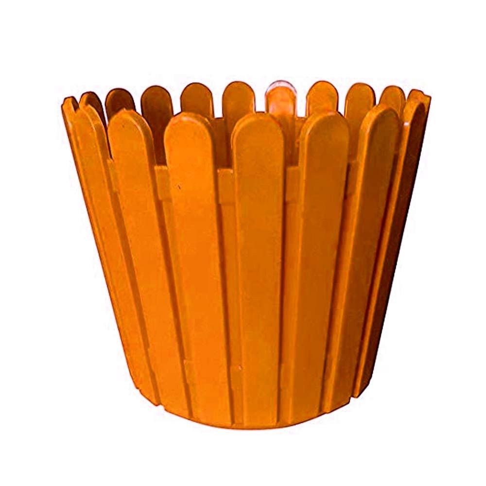 Go Hooked 11 inch orange plastic garden fence pot with a picket fence design. Durable and lightweight for indoor/outdoor use.