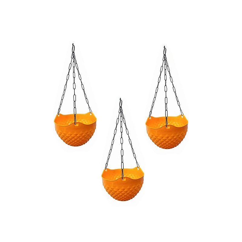 GoHooked set of 7 orange plastic hanging planters with metal chains. Round woven texture.