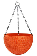 GoHooked orange round plastic hanging planter with woven texture and metal chain. Ideal for balcony or garden.