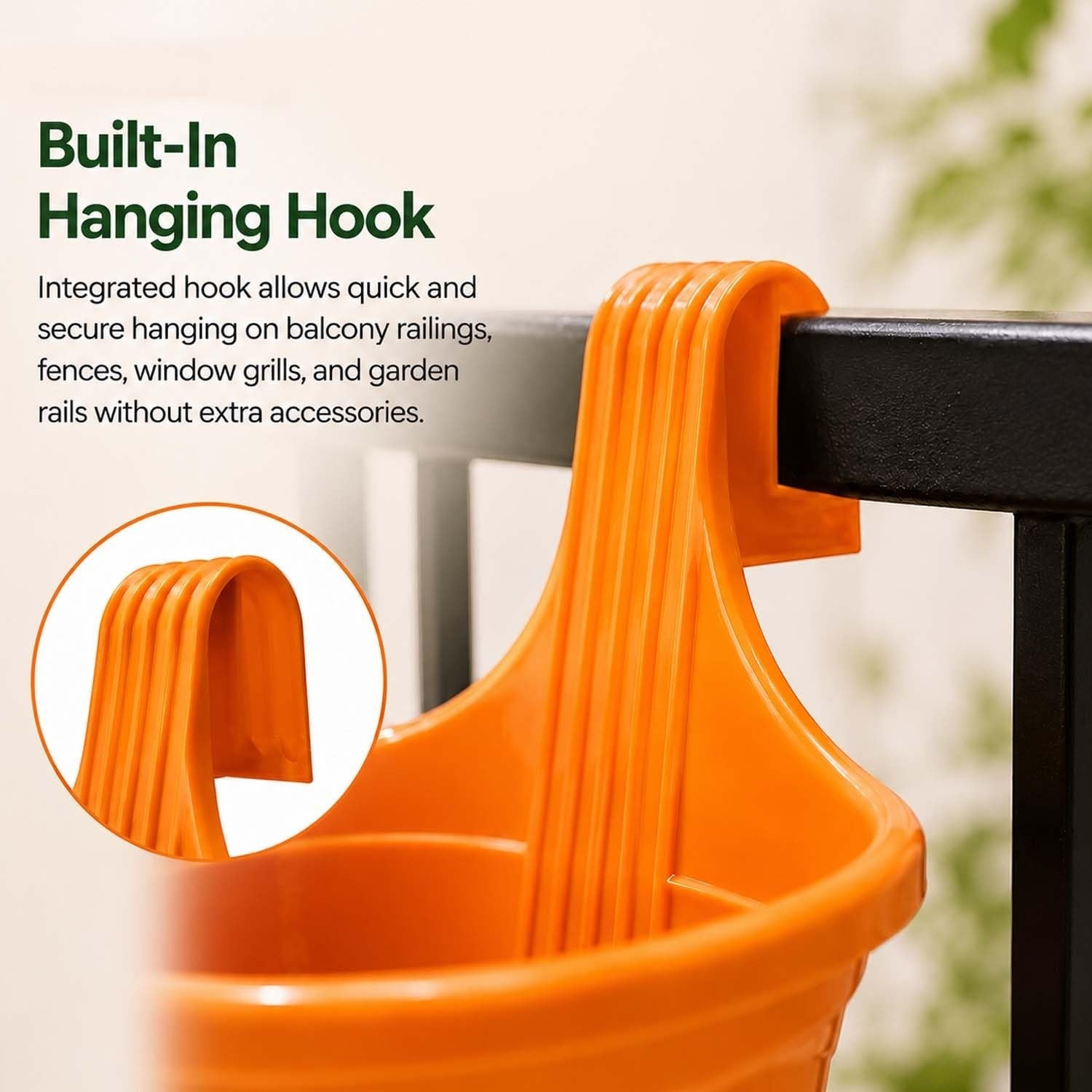 GoHooked orange plastic hanging planter pot with integrated hook mounted on a black balcony railing