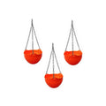 GoHooked orange plastic hanging planters with metal chains, set of 3. Round woven texture design.