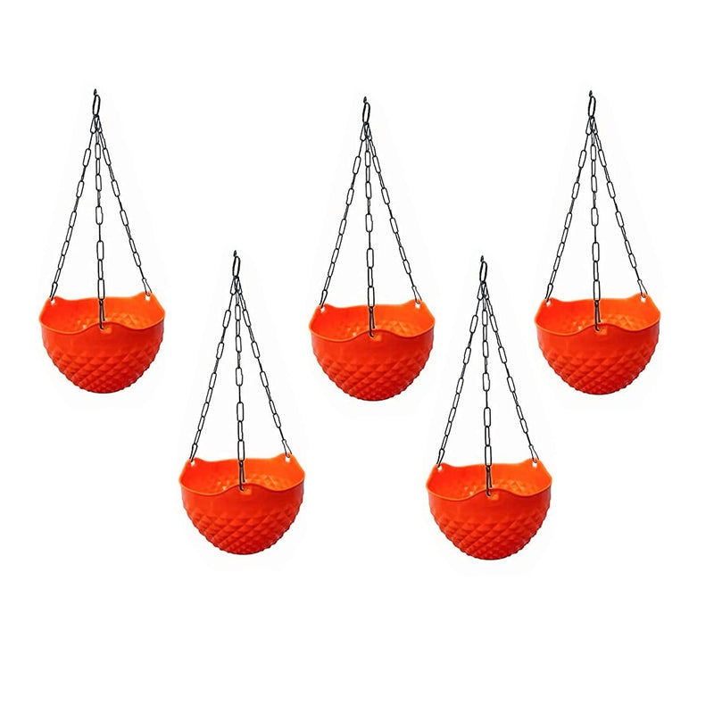 GoHooked Set of 5 orange plastic hanging planters with diamond texture and metal chains.