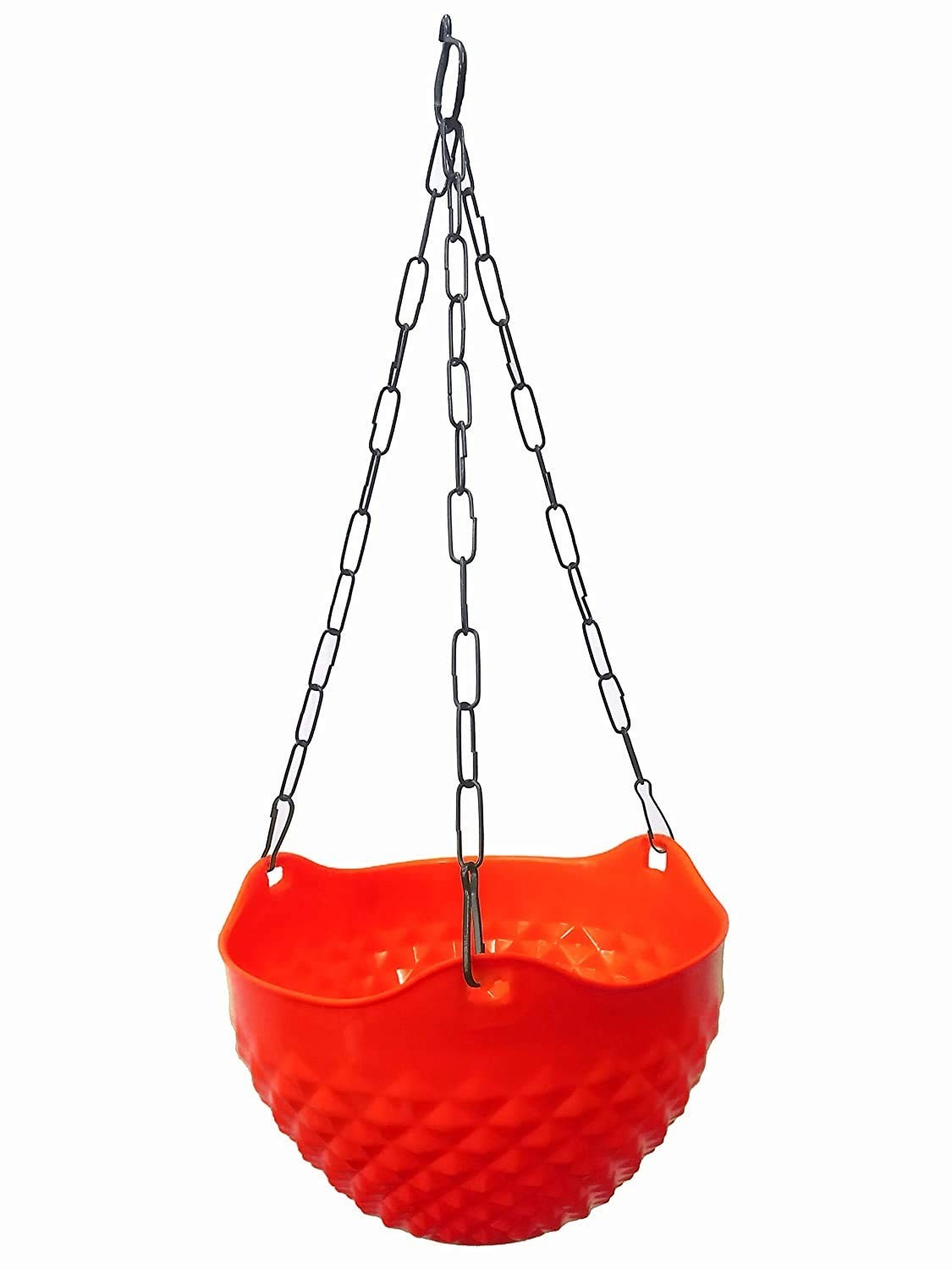 GoHooked orange plastic hanging pot with diamond pattern texture and metal chain. 8.5 inch diameter.