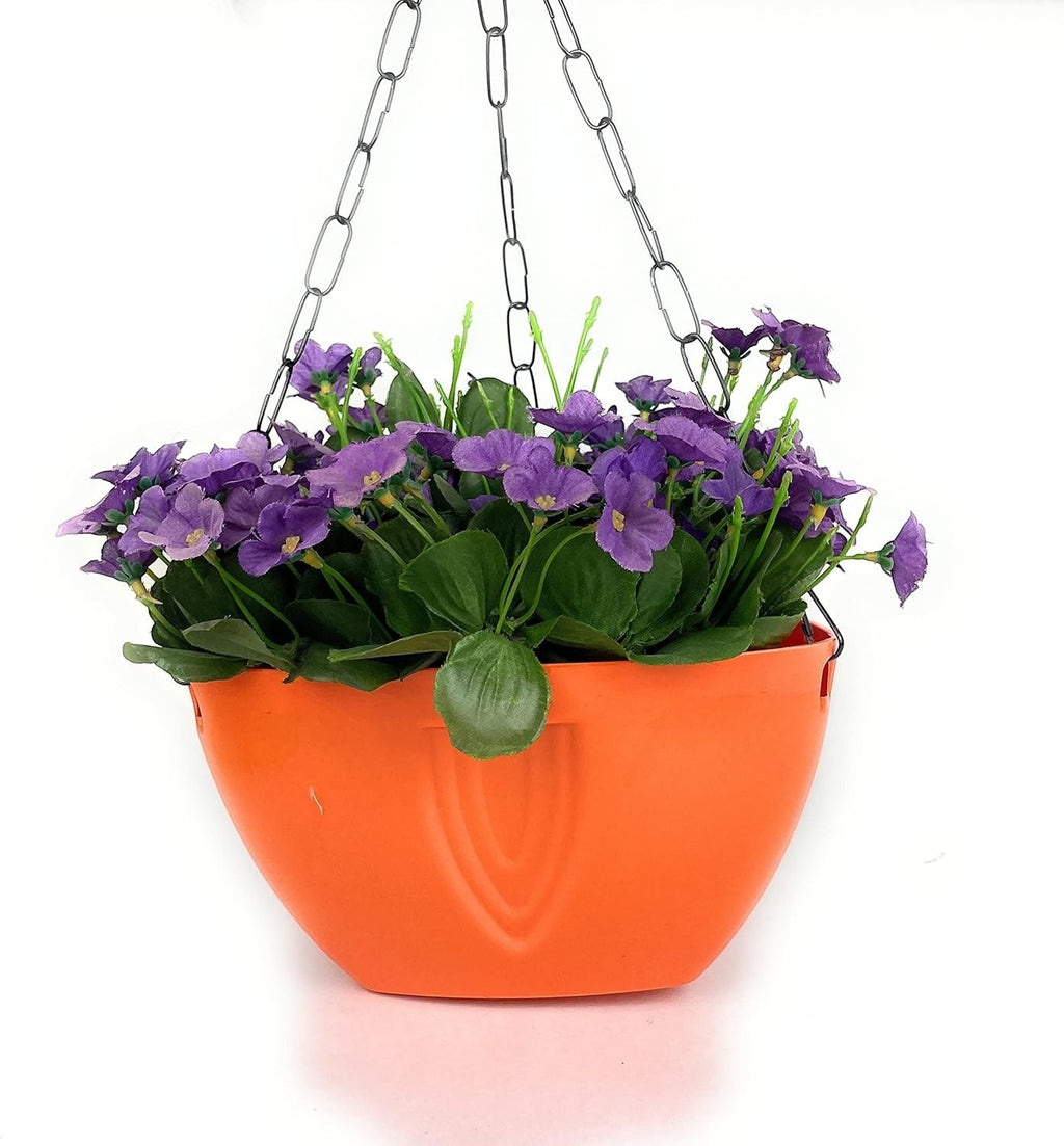 GoHooked orange plastic hanging pot with purple flowers and green leaves, 8.5 x 6 inches, set of 3