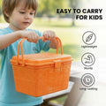 GoHooked orange plastic picnic storage basket with lid and handle, easy for kids to carry.