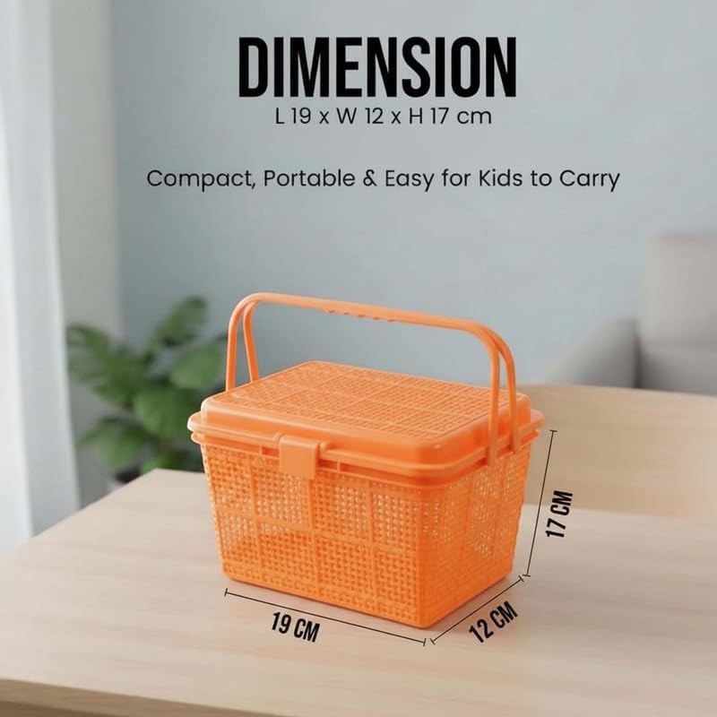 Go Hooked orange plastic picnic storage basket with lid and handle, perfect for toys, diapers, and essentials.