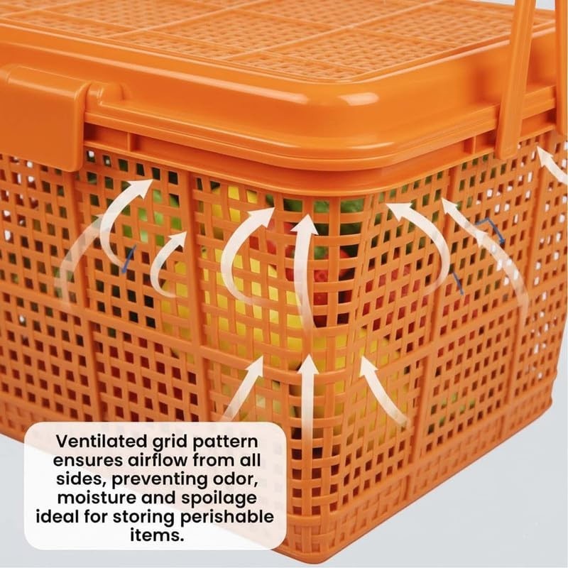 GoHooked orange plastic picnic storage basket with lid and handle, ventilated grid pattern.
