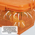 Go Hooked orange plastic picnic storage basket with lid and handle, ventilated grid pattern.