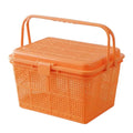 Go Hooked orange plastic picnic storage basket with lid and handle, ideal for toys, diapers, and essentials.