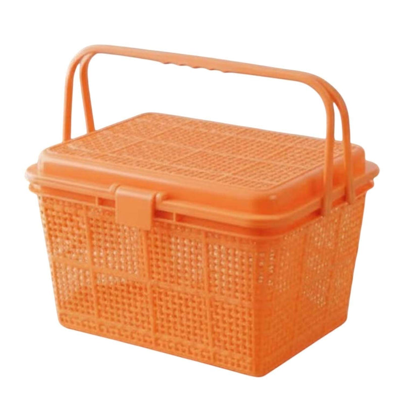 Go Hooked orange plastic picnic storage basket with lid and handle, ideal for toys, diapers, and essentials.