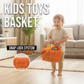 GoHooked orange plastic kids picnic storage basket with snap lock lid and handle, holding toys.