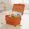 Go Hooked orange plastic picnic storage basket with lid, handle, and snap lock, filled with toys and essentials.