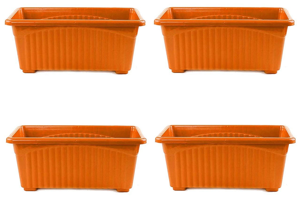GoHooked Set of 4 orange rectangular plastic plant pots with ribbed texture and rust-resistant feature.