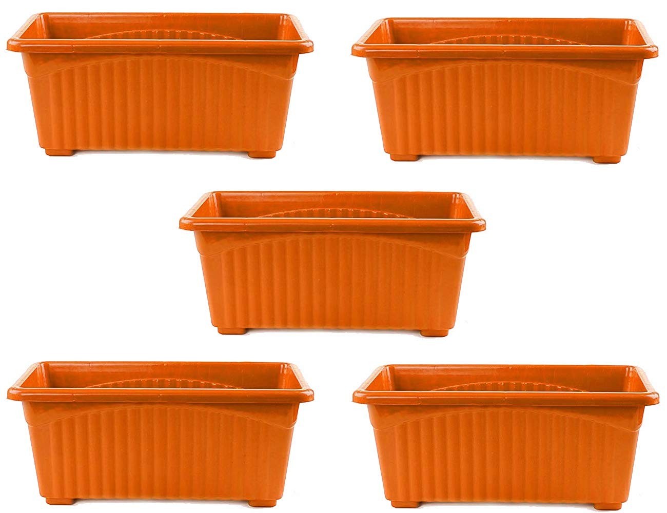 Go Hooked orange rectangular plastic plant pots, set of 5, with ribbed texture and raised feet.