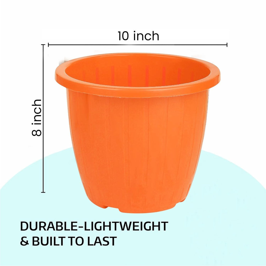 GoHooked orange plastic planter pot, 10 inch diameter, 8 inch height, durable and lightweight for indoor/outdoor use.