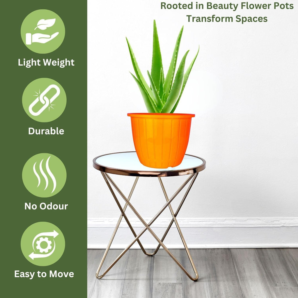 GoHooked orange plastic planter pot with ribbed texture, 8 inch, for indoor/outdoor gardening. Includes tray.