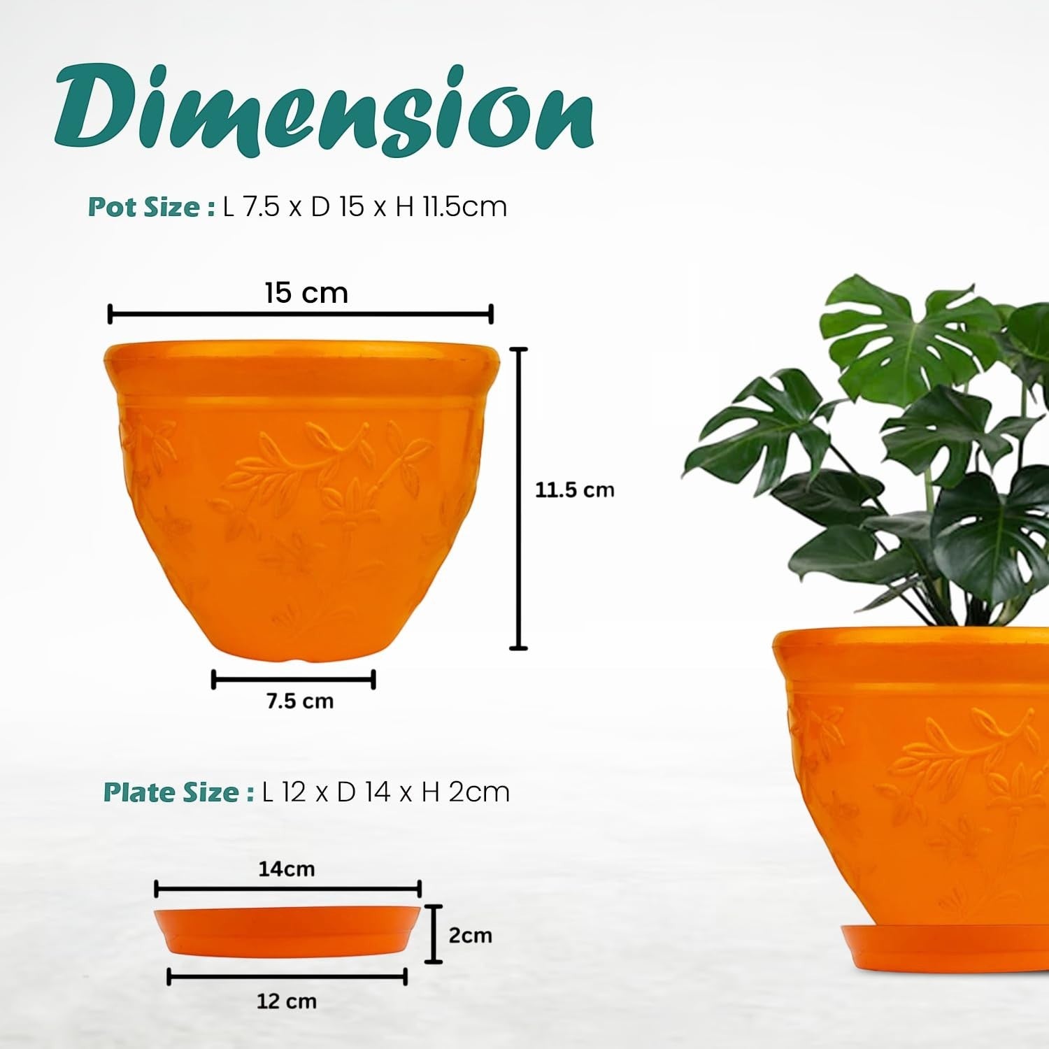 GoHooked orange plastic planter pot with embossed floral design, 6 inch size, includes matching saucer tray.