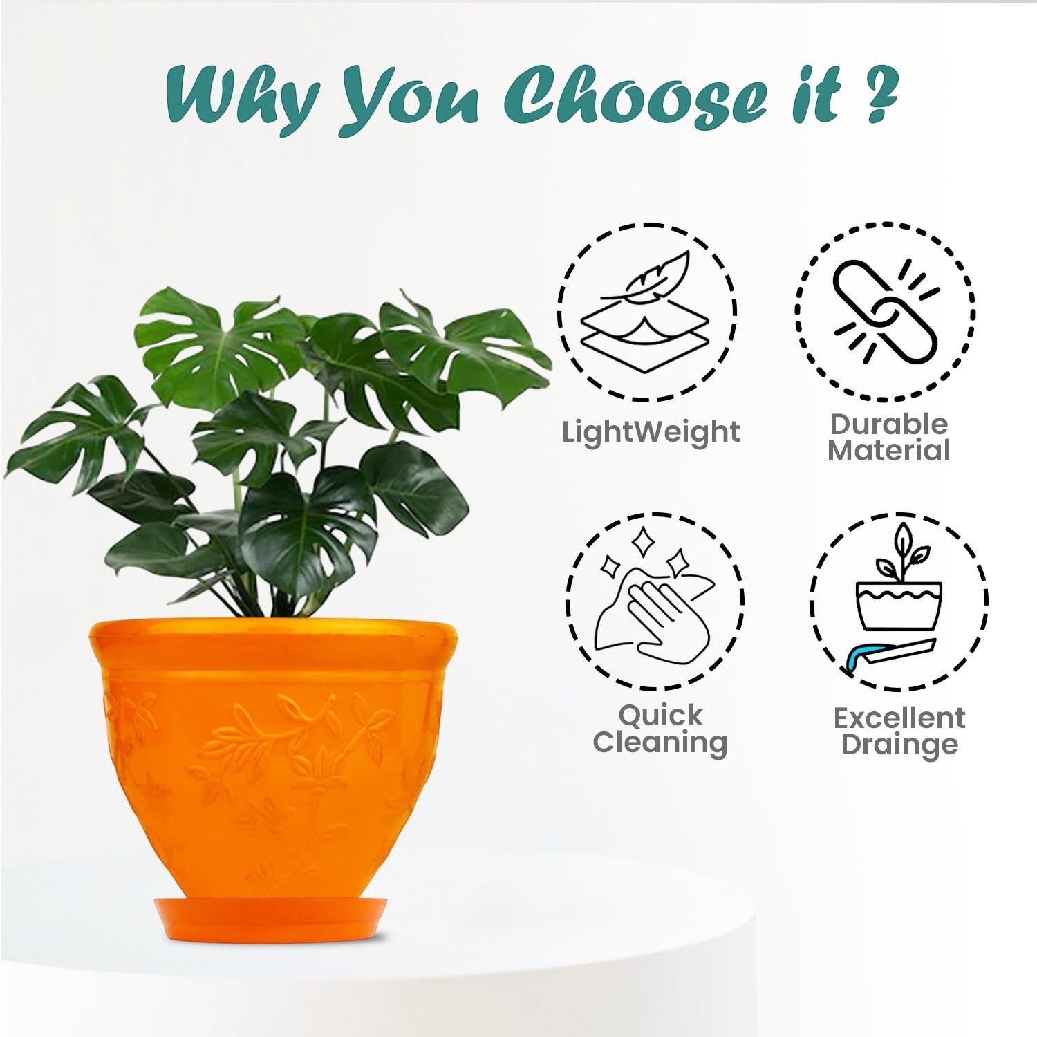 GoHooked orange plastic planter pot with embossed floral design and matching saucer. Lightweight, durable, easy to clean, and excellent drainage.