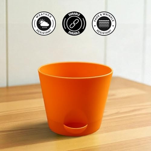 GoHooked orange plastic planter pot with self-watering feature, durable and weather-resistant.