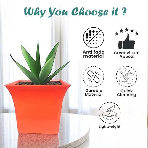 Go Hooked orange square plastic planter pot with a green plant, featuring anti-fade, durable, lightweight, and quick cleaning.