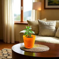 GoHooked orange plastic planter pot with a small green plant on a coffee table.