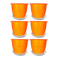 GoHooked 6-pack of 8-inch orange plastic planters with matching trays. Durable, UV-stabilized polypropylene for indoor/outdoor gardening.