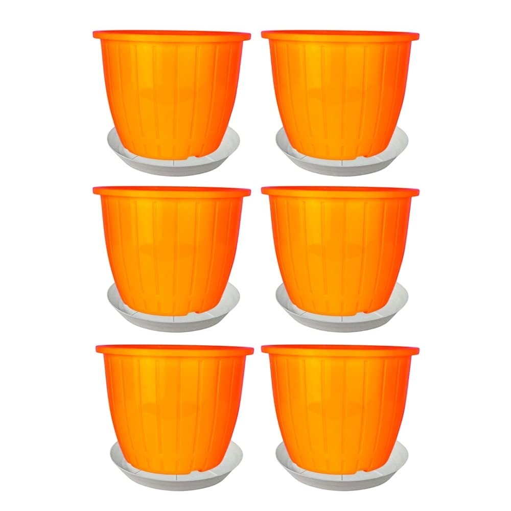 GoHooked 6-pack of 8-inch orange plastic planters with matching trays. Durable, UV-stabilized polypropylene for indoor/outdoor gardening.