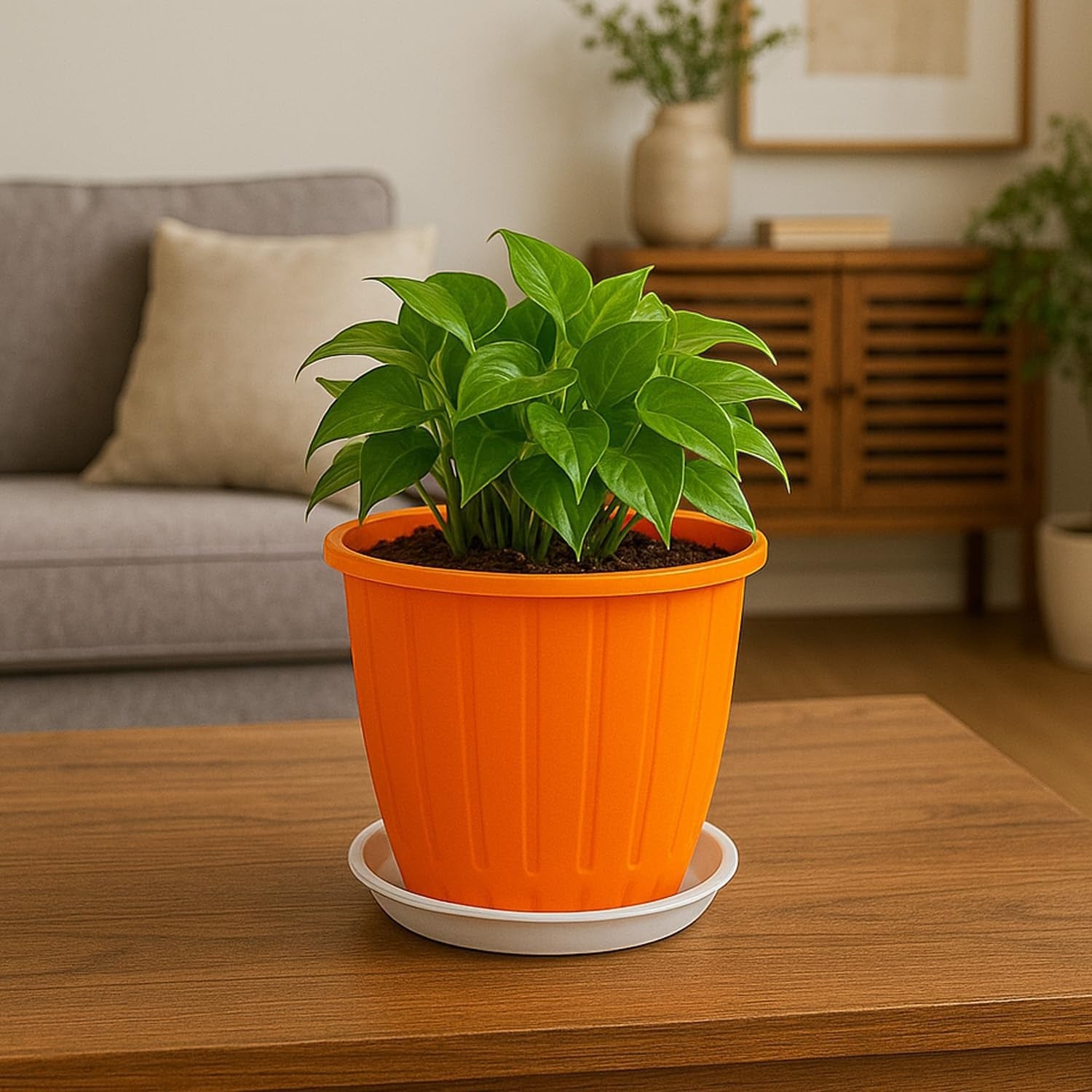 GoHooked orange plastic planter pot with drainage hole and tray, 8 inch, modern style for indoor/outdoor gardening.