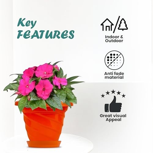 Go Hooked orange plastic planter pot with saucer, featuring a modern twister design and pink flowers. Suitable for indoor/outdoor use.