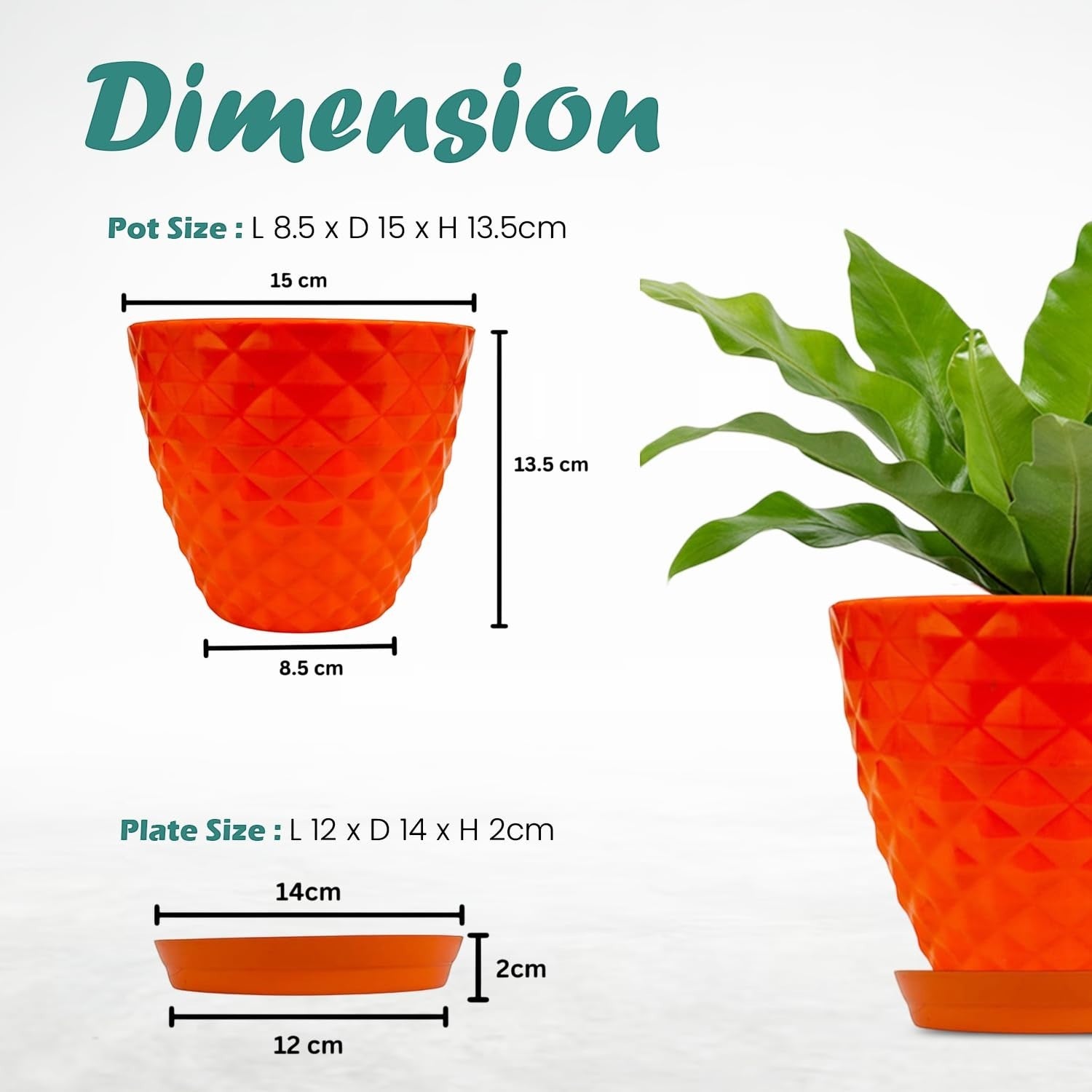 GoHooked orange diamond-patterned plastic planter pot with saucer, 6-inch size, ideal for indoor/outdoor plants.