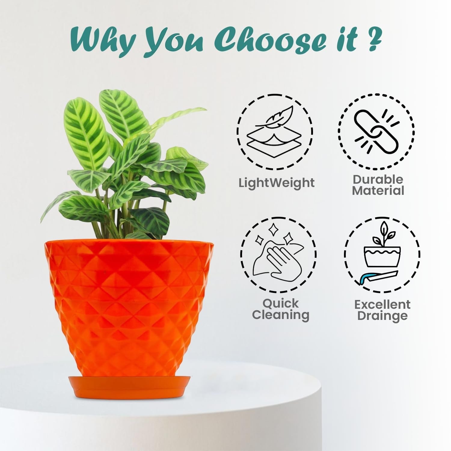 GoHooked orange diamond-patterned plastic planter pot with saucer, perfect for indoor/outdoor plants. Lightweight & durable.