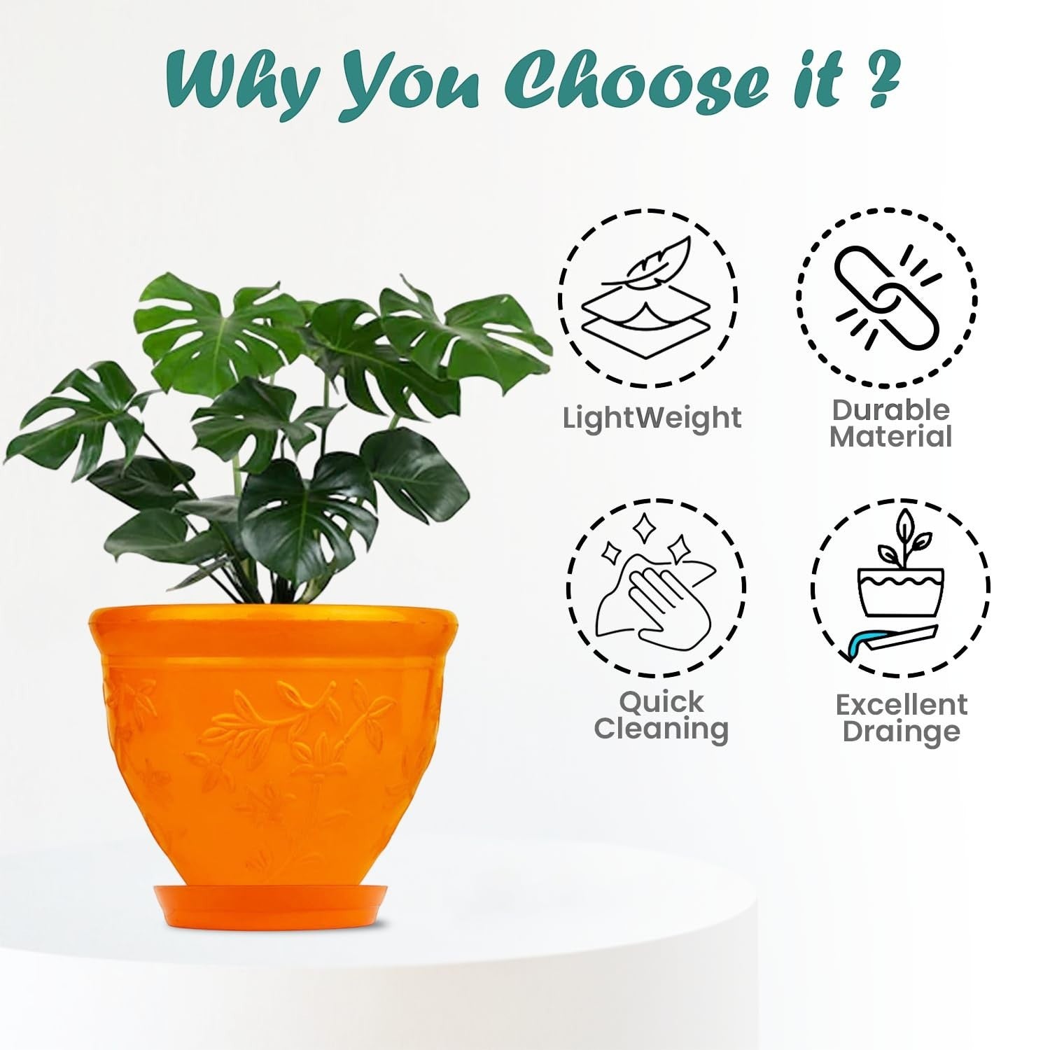 GoHooked orange plastic planter pot with embossed floral design and matching saucer, ideal for indoor/outdoor plants.
