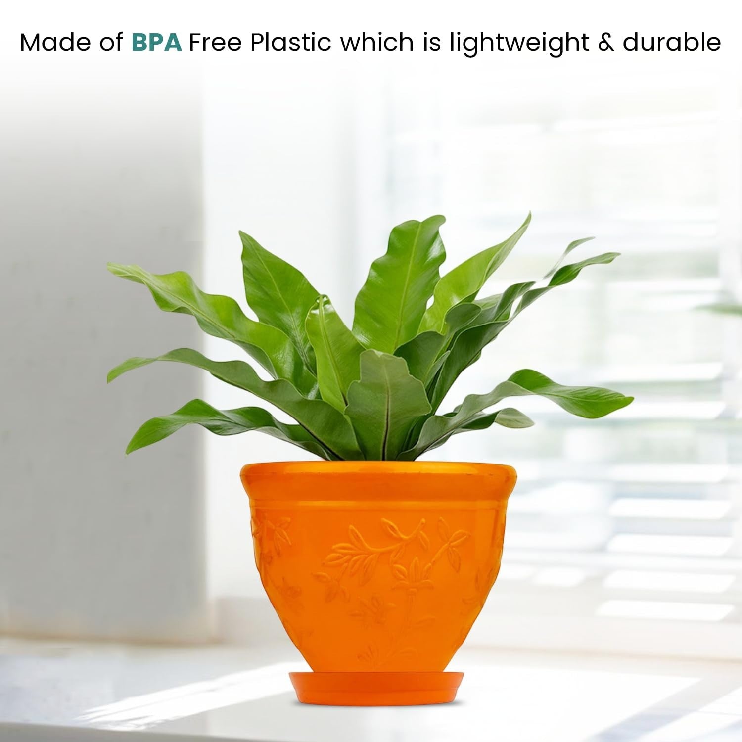 GoHooked orange plastic planter pot with embossed floral design and matching saucer, holding a bird's nest fern.